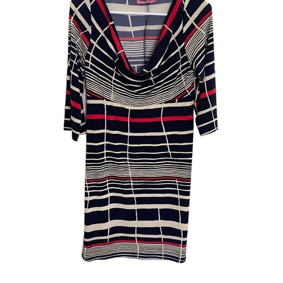 Eliza J Striped Cowl Neck Midi Dress Size 10 3/4 Sleeve Stretch Below Knee‎ EUC - Picture 1 of 6